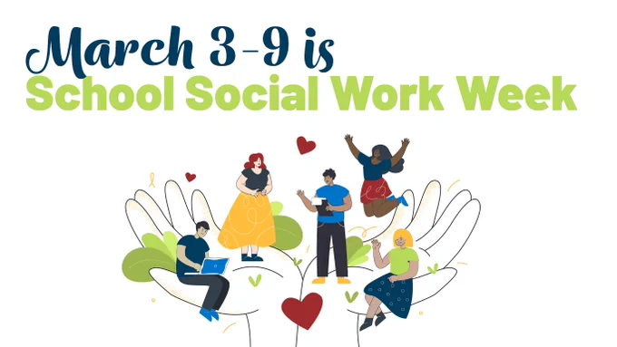 March 3-9 is School Social Work Week. Illustration of hands supporting diverse people representing community and wellness.
