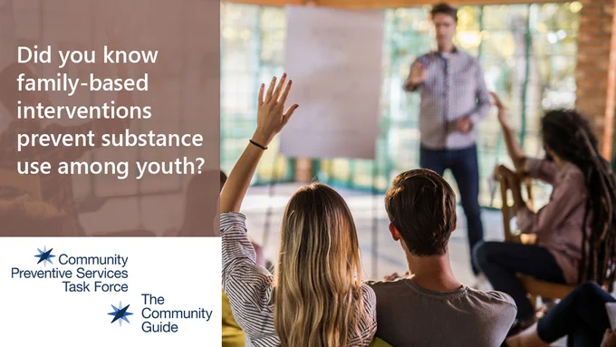 Group of adults sitting around a presenter. CPSTF graphic reads "Did you know family-based interventions prevent substance use among youth?"