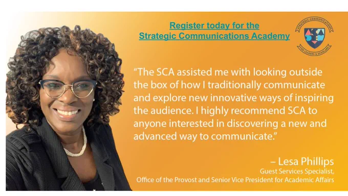 Photo of Lesa Phillips. She gives her endorsement of the SCA. " The SCA assisted me with looking outside the box of how I traditionally communicate and explore new innovative ways of inspiring the audience. I highly recommend SCA to anyone interested in discovering a new and advanced way to communicate. 