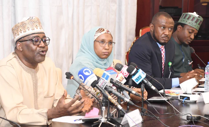 From left:  Deputy Chief of Staff to the President, Office of the Vice President, Sen Ibrahim Hadeja, Founder and Chief Executive Officer, Outsource Global, Hajiya Amal Hassan; Senior Special Assistant to the President on Media and Communication, Mr Stanley Nkwocha and Senior Special Assistant to the President on Digital Media and Emergency Management Ahmed Ningi during a news conference on Launch of Outsource Global Initiative at the Presidential Villa in Abuja on Thursday (29/2/24)
