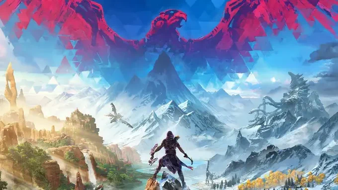 Artwork from Horizon Call of the Mountain with player character in front of giant mountain 