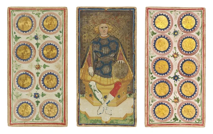Eight of Coins, King of Coins,
and Ten of Coins
Playing Cards
Illuminated by Bonifacio Bembo
Italy, Milan, ca. 1450–80
The Morgan Library & Museum, MS M.630, nos. 20, 32, 33. Photography by Graham S. Haber. 
