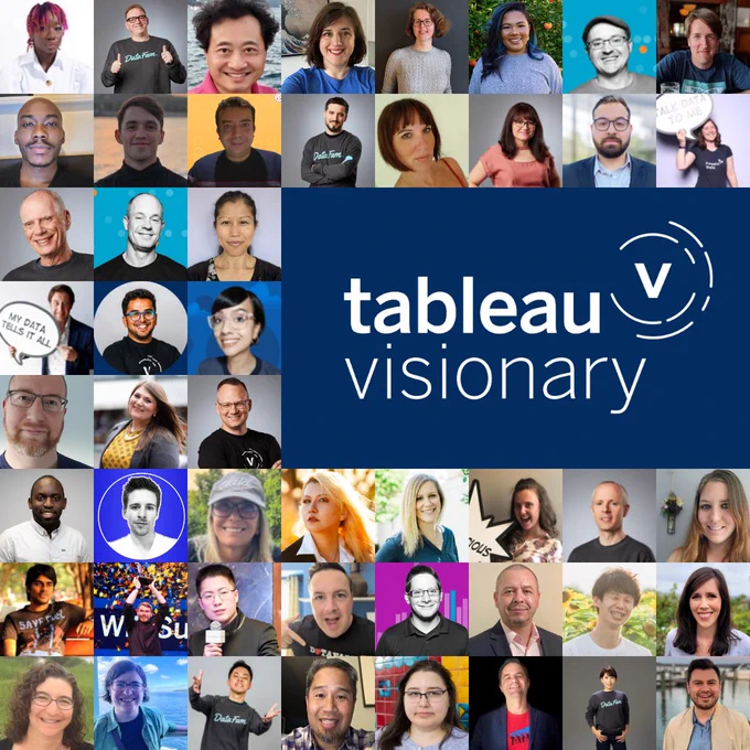 Headshots of the 49 Tableau Visionaries of 2024. Image includes the Tableau Visionary text and logo. 