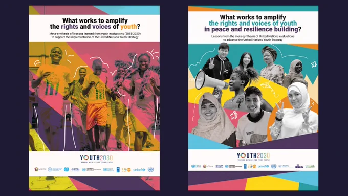 Publication covers of What works to amplify the rights and voices of youth? Meta-synthesis of lessons learned from youth evaluations, 2015-2020, to support the implementation of the United Nations Youth Strategy and What works to amplify the rights and voices of youth in peace and resilience building?