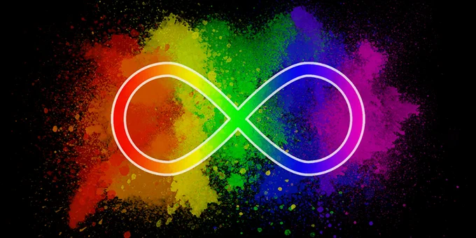 An infinity sign on a painted background. Both the infinity sign and the background have a rainbow pattern.