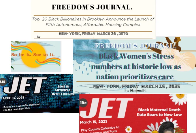 A collection of possible headlines with graphics created during a 2023 Black Media Futures workshop 
