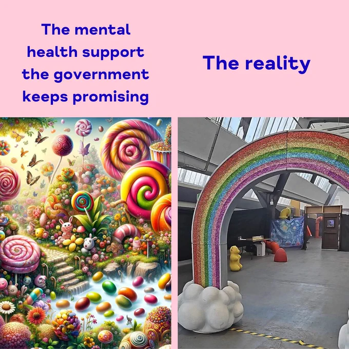 Picture of AI generated willy wonky factory with words the mental health support the government keeps promising on left. Picture of warehouse with rainbow feature with words the reality on the right. Pink background 
