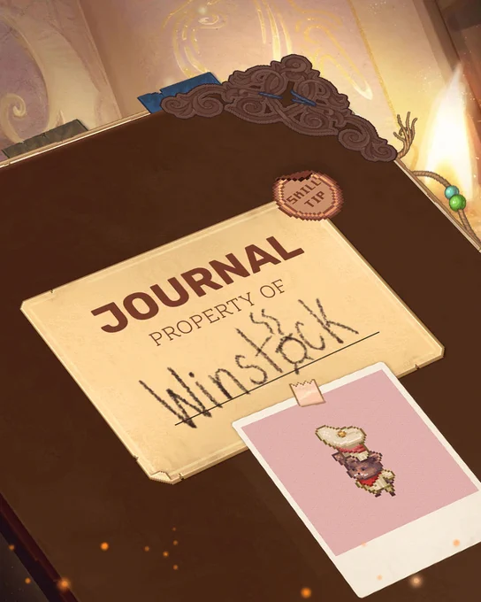 An old brown book sporting a label which reads "Journal, Property of Winstock", where the "O" in Winstock is an adorable little pot of simmering stew. Stuck to the cover is a sticker reading "Skill Tip" and below someone has taped a picture of Winstock, a dapper Yordle wearing a chef's jacket and hat. 
