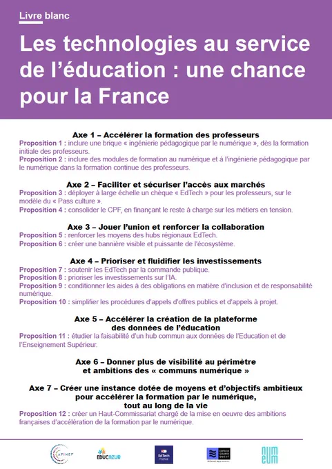 Image d'un fichier pdf sur les 12 propositions, développées en 7 axes, pour répondre aux enjeux d’accélération de la formation par le numérique