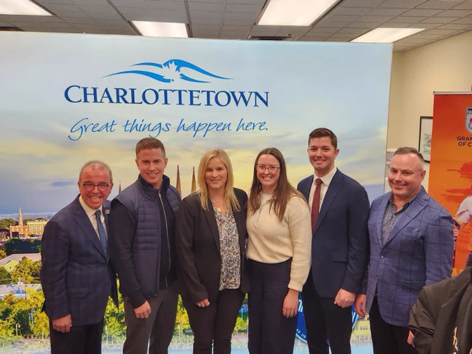 Mayor Philip Brown, Robbie Doherty, Jennifer Jones, Lauren Lenentine, Hon. Cory Deagle, and Wayne Long pose for a photo