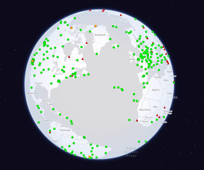This graphic of the IGS network shows the location of GNSS receivers in North America, Central America, a portion of South America, parts of western Europe, and western Africa. See the entire network on the IGS website at https://network.igs.org Credit: IGS.