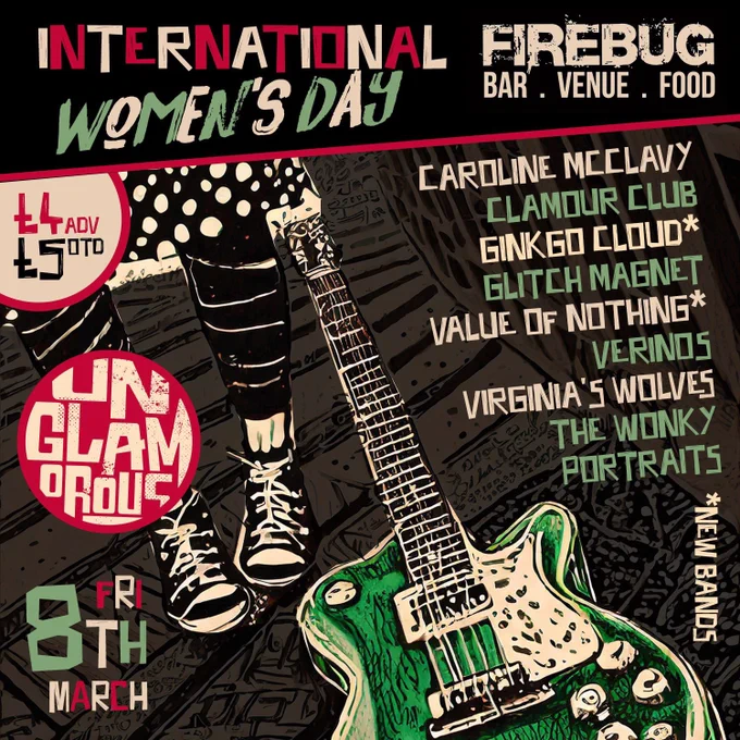 Poster featuring a guitar and line up for the International Women’s Day gig on Friday 8th March at Firebug, Leicester