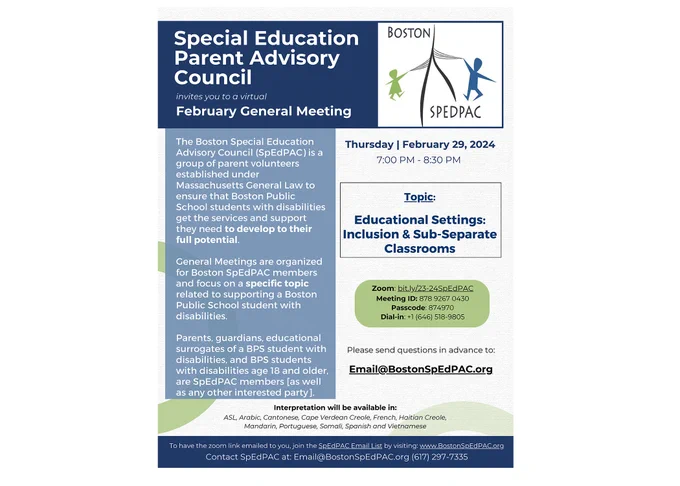 SPEDPAC mtg on Inclusion/educational Settings Feb 29 via Zoom