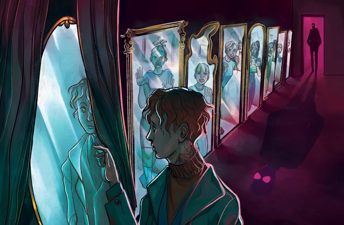 A young man pulls back a curtain covering a mirror and is just about to catch his reflection in it. Past him, the hallway is lined with ornate art nouveau mirrors, each of which seems to have a person trapped inside. All seem to be trying to warn him. At the end of the hallway, a tall lanky figure stands in shadow. The light from behind the figure casts their even longer shadow onto the floor toward the young man