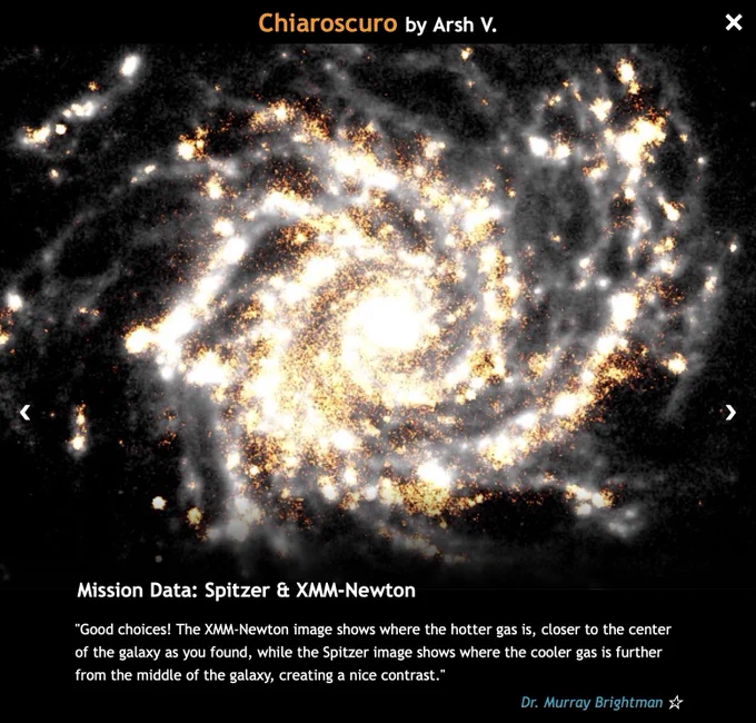 Processed image of the Phantom Galaxy in white and gold. Title text overlay: Chiaroscuro by Arsh V.