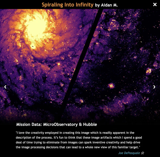 Processed image of the Phantom Galaxy in purples and orange. Title text overlay: Spiraling into infinity by Aiden M.