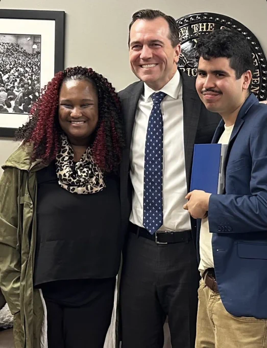 Self Advocates Jasmyn and Andres with Representative Clemmons