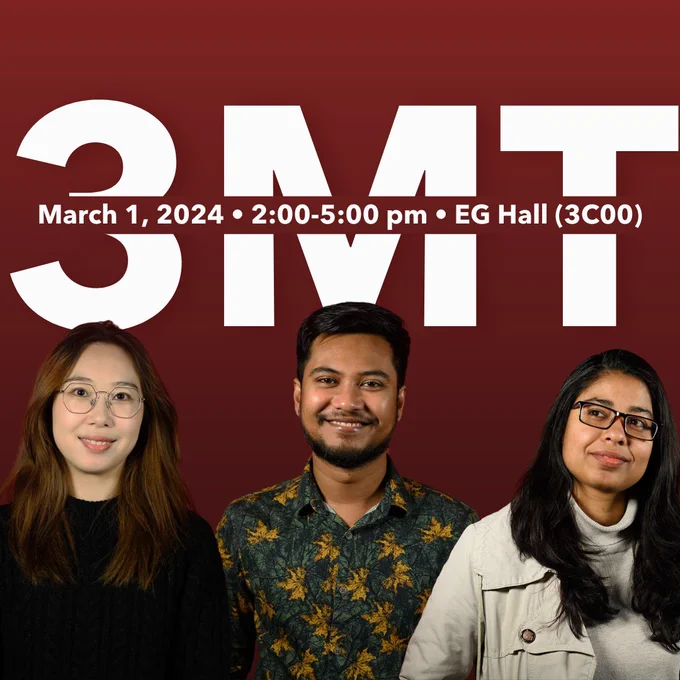 Three of the Three-Minute Thesis contestants stand in front of a red background. From left to right: Yujie Ren (Bioscience, Technology, and Public Policy), Md Ashique Imran (Applied Computer Science and Society), and MSt Sharin Fatema Orthy (Peace and Conflict Studies). 
