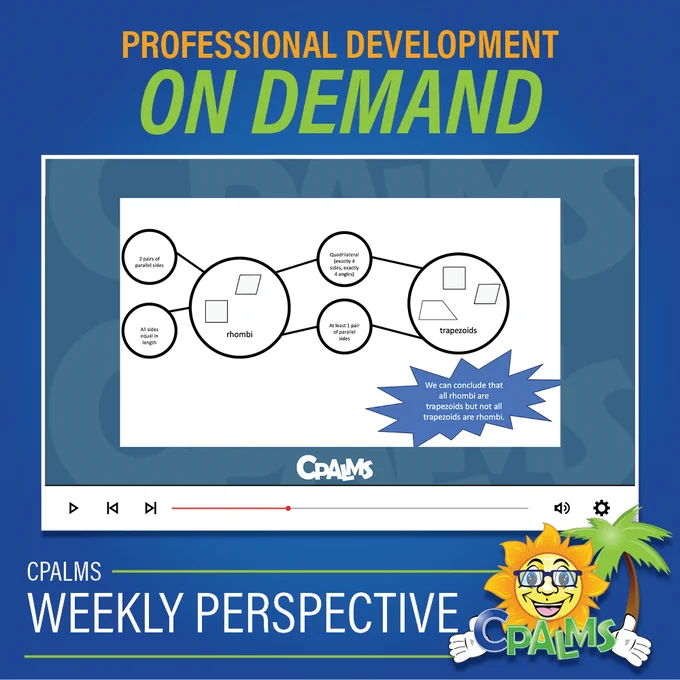 Graphic with the CPALMS sun logo and a video screenshot of a way to learn ways to identify triangles. The text on the graphic reads Professional Development on Demand and CPALMS Weekly Perspective. 