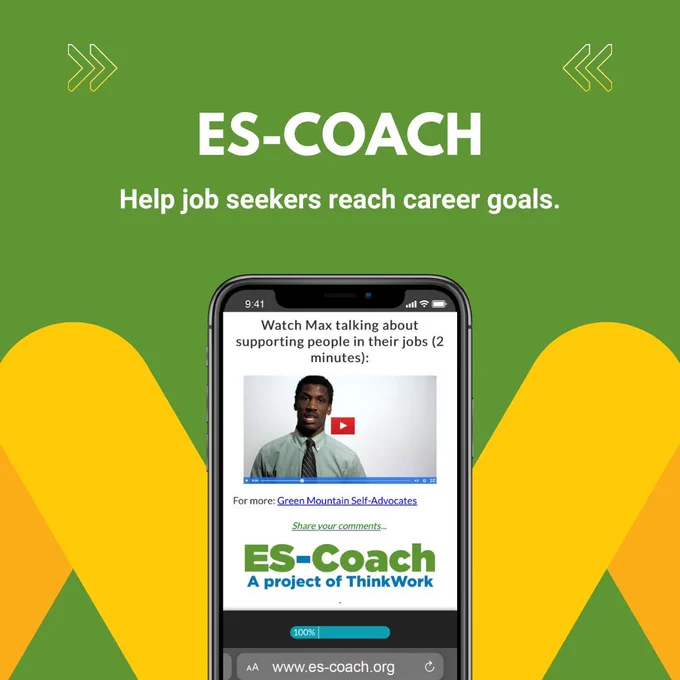  The text "ES-Coach help job seekers reach career goals" is on a green square above a cellphone showing a video thumbnail for the ES-Coach website. The phone has golden and yellow ovals forming triangles next to it.