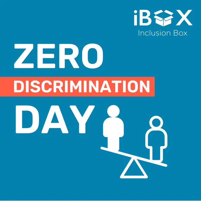 Image with the text: "Zero discrimination day", the iBOX logo and an icon depicting two people standing on a seesaw unbalanced