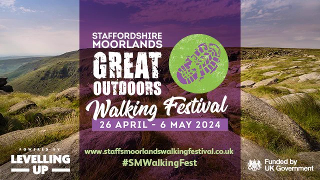 Image is a graphic for the Staffordshire Moorlands Walking Festival, with the dates, web address, and hashtag