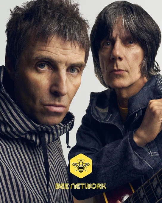 An image of Liam Gallagher and John Squire featuring the Bee Network logo