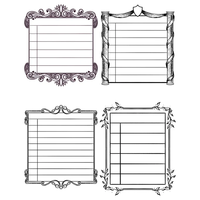 4 black and white roll table illustrations with scroll work borders