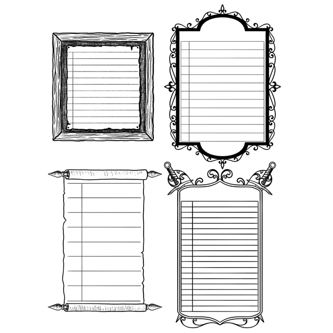 4 black and white roll table illustrations with adventure theme.
