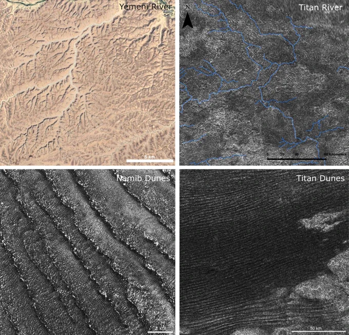 An example of a typical river valley system on Earth with a dendritic drainage pattern in Yemen [Source: Landsat]. (Top Right) Fluvial landform annotated in blue by Burr et al., (2013) in radar imagery of Titan, showing a rectangular drainage pattern [Source: NASA Cassini]. (Bottom Left) Radar image of linear dunes in the Namib Desert on Earth. The linear dunes, similar in size to those on Titan, are 1-2 km apart. (Bottom Right) Linear dunes in Titan’s sand sea imaged by Synthetic Aperture Radar [Source: NASA Cassini].