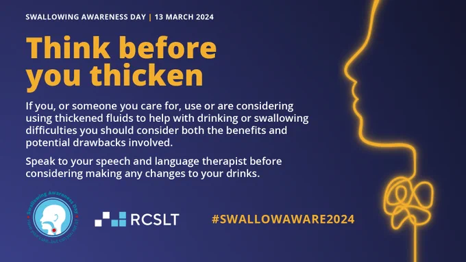 The Swallowing Awareness Day logo appears in white, red and light blue writing on the bottom left on a dark blue background. The RCSLT logo appears in light blue and white writing next to it. An orange-coloured outline of a face and neck with a squiggle appears on the right to represent someone with eating, drinking and swallowing difficulties. 