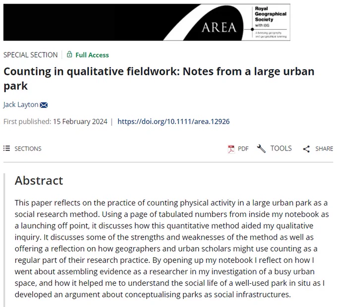 Title and abstract for 'Counting in qualitative fieldwork: Notes from a large urban park' by Jack Layton in Area.