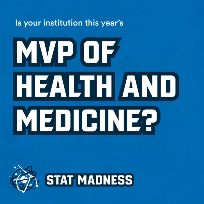 A blue graphic with the STAT Madness logo at the bottom has text that reads "Is your institution this year's MVP of Health and Medicine?"