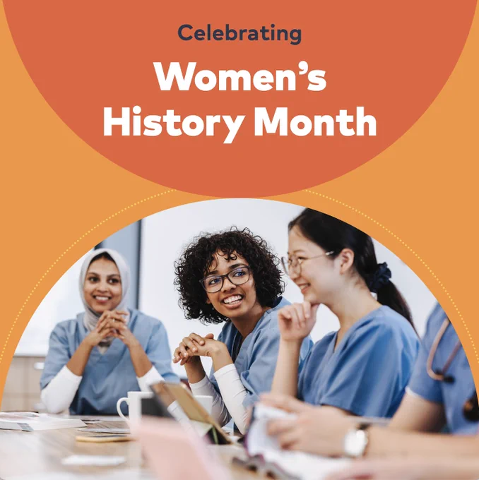 A group of diverse women smiling and sitting around a table. Text says, “celebrating women’s history month”.