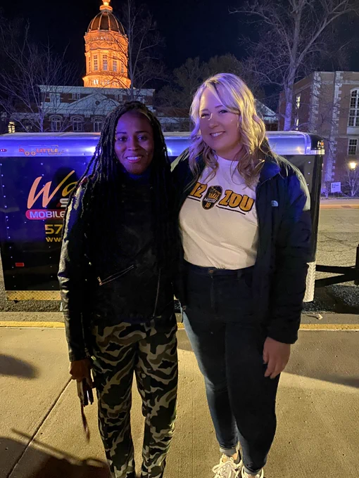 Alaina poses with Blessing Okafor, a current PhD candidate in the Communication department who was awarded a Mizzou 18 title the past year.