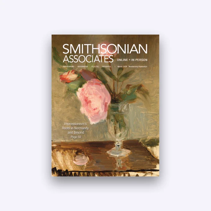 Smithsonian Associates Online and In Person March program guide featuring a still-life painting of a flower in a vase with text Impressionism's Roots in Normandy and Beyond Page 50. 