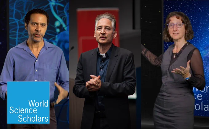 World Science Scholars Banner with Dr. Erich Jarvis, Dr. Brian Greene, and Dr. Conny Aerts