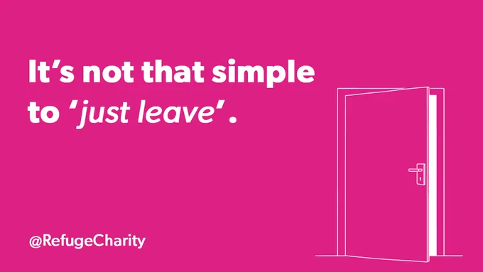 Outline of a door slightly open text overlay reads "It's not that simple to 'just leave'."