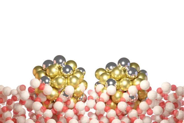 Image of two gold and silver colored nanoparticles made of clusters of spheres on top of other networks of white and salmon colored spheres