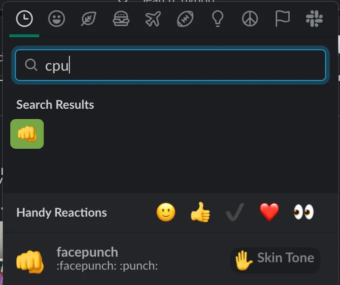 Search Slack emoji for "cpu," only suggested result is :facepunch: with a fist pointed at the viewer.