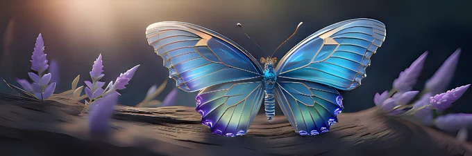 Prompt: A stunning 3D render of a steampunk blue butterfly resting on a tree branch, a mesmerizing display of intricate mechanical details and glowing blue hues. This exquisite digital artwork captures the essence of metamorphosis in a mystical and captivating way.