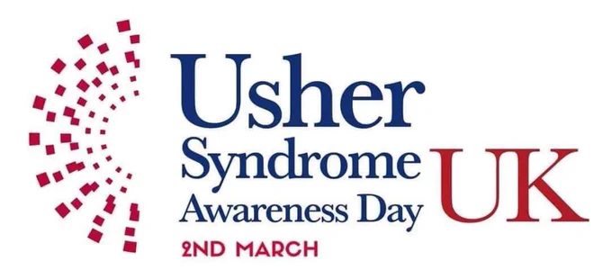 White poster to the right are fed and white chequered patterns central in blue lettering Usher Syndrome Awareness Day  to the right in red lettering it says UK and at the bottom in red lettering 2nd March