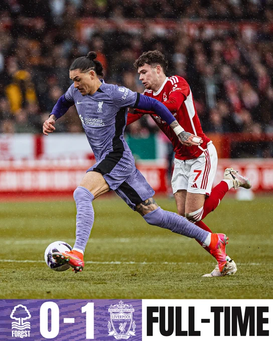 A graphic showing Darwin on the ball with Nottingham Forest 0-1 LFC - Full-Time.