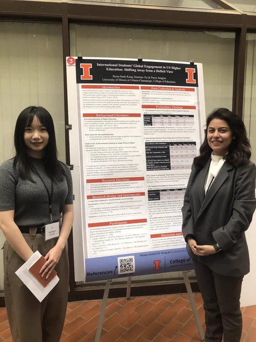 UIUC students Summer Xu on the left and Parya Jangjou on the right presenting their poster “International Students’ Global Engagement in US Higher Education: Shifting Away from a Deficit View” at the ICC building on Georgetown University’s main campus.