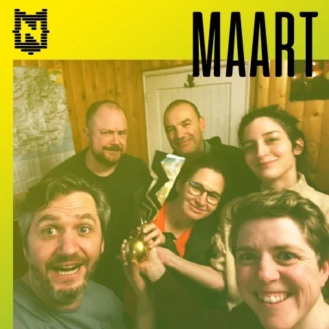 Groepsfoto Nerdland maart 2024: Bart, Peter, Lieven, Els met Kastaar, Natha, Hetty