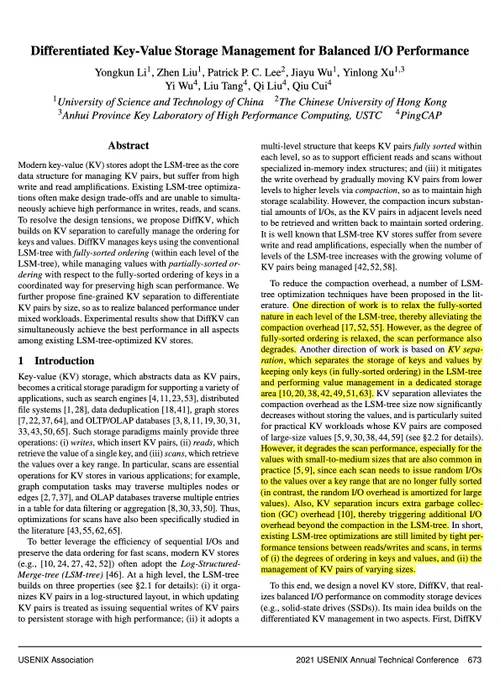 Screenshot of the first page of the paper "Differentiated Key-Value Storage Management for Balanced I/O Performance".