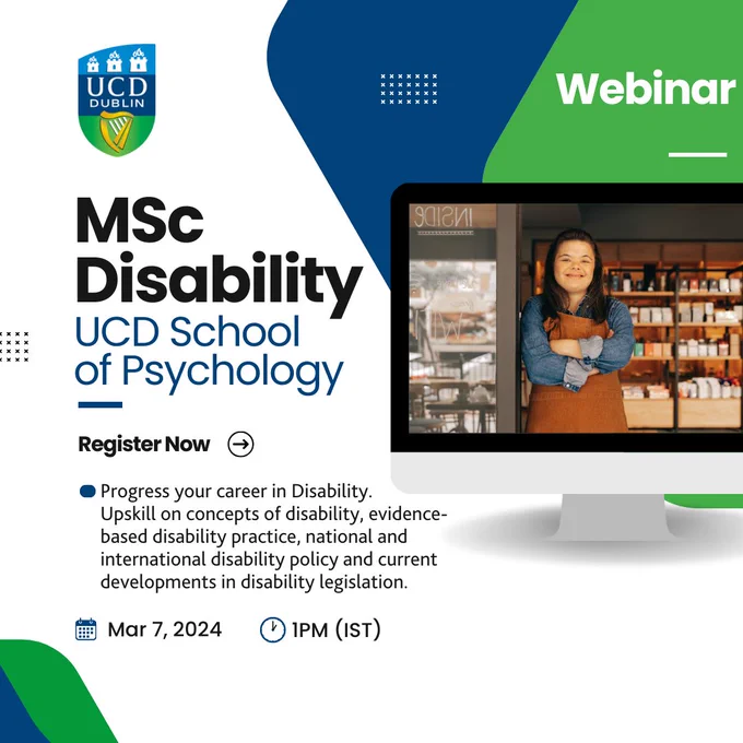 poster for the webinar, info such as date and core topics, university logo and a desktop screen photo of a young woman with Down Syndrome confident and smiling at the door of a shop where she works.