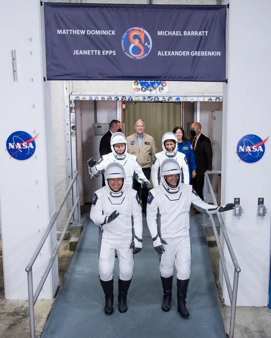 NASA astronauts NASA astronauts Michael Barratt, left, and Matthew Dominick, right, Jeanette Epps, back right, and Roscosmos cosmonaut Alexander Grebenkin, back left, wearing SpaceX spacesuits, are seen as they prepare to depart the Neil A. Armstrong Operations and Checkout Building for Launch Complex 39A to board the SpaceX Dragon spacecraft for the Crew-8 mission launch, Sunday, March 3, 2024, at NASA’s Kennedy Space Center in Florida.