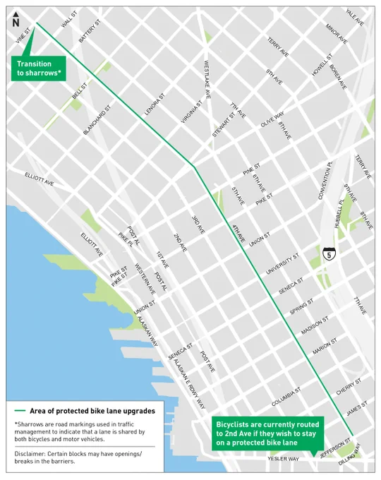 A map of the project location, spanning along 4th Ave from downtown to Belltown for 1.3 miles.