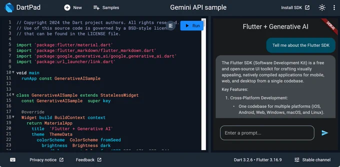 Gemini API sample in DartPad.